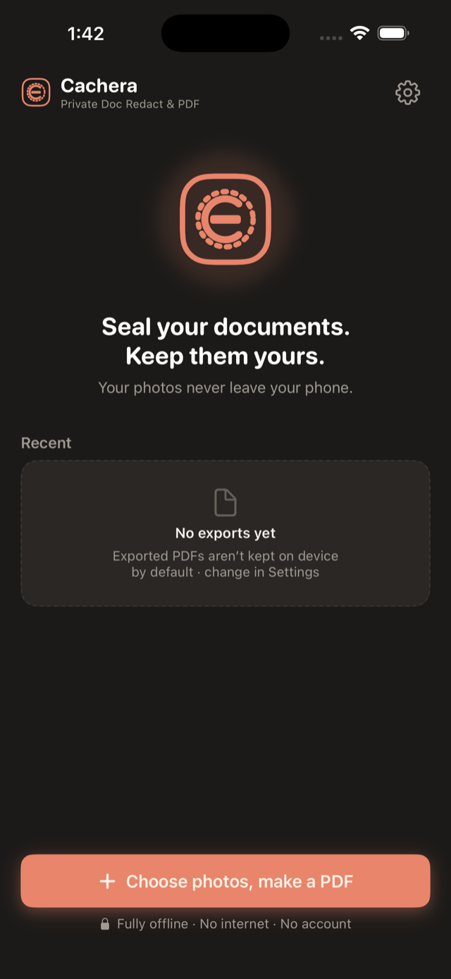 Cachera home screen: Seal your documents. Keep them yours.